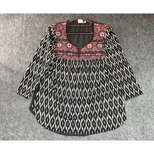 One September Blouse Womens Large Multicolor Embroidered Boho Tunic Top Ikat